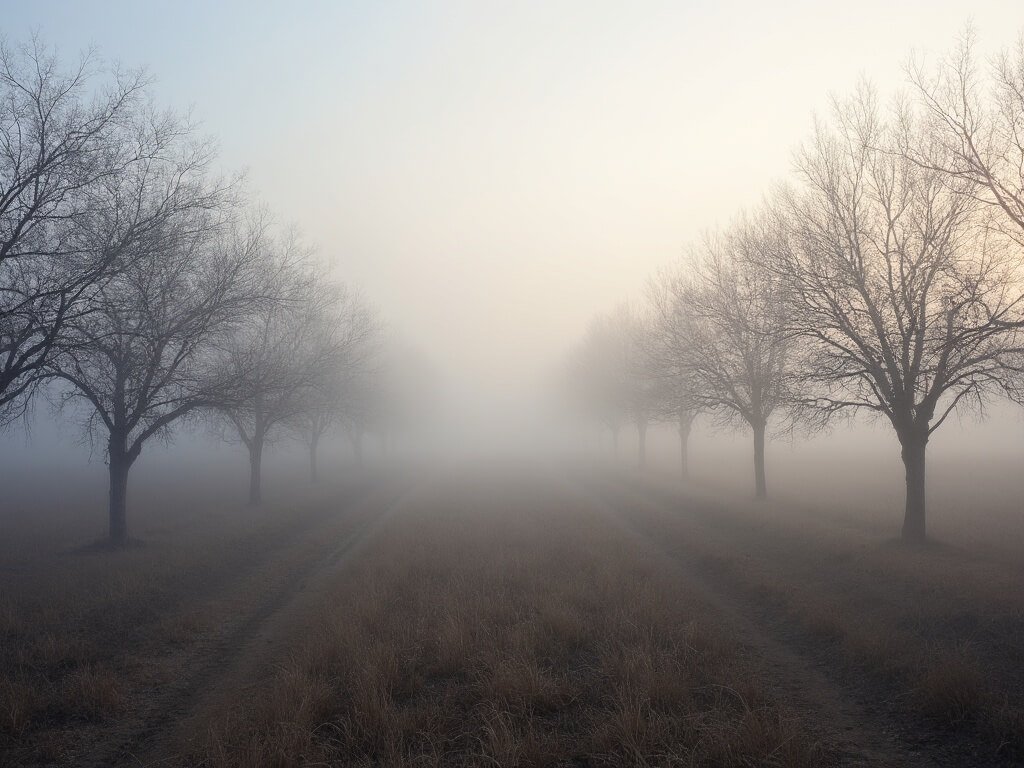 Bakersfield in December: A Hidden Winter Wonderland You Never Knew Existed Misty dawn over winter almond orchards in Central California with dense fog and bare trees