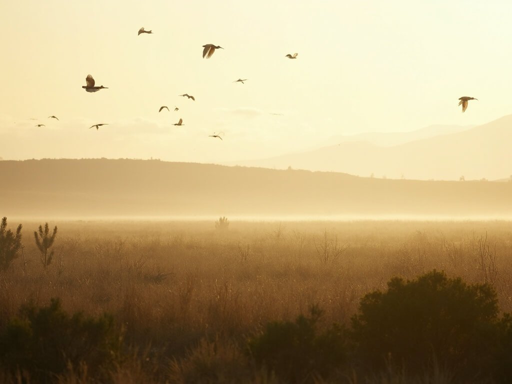 Bakersfield in November: Your Ultimate Guide to Central Valley's Hidden Autumn Gem Misty early morning in Bakersfield nature reserve with native birds in flight, rolling hills and emerging green vegetation under golden light