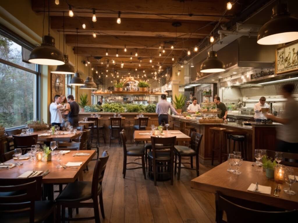 Bustling interior of Moonstone Bistro with warm wooden tables, fresh ingredients, soft ambient lighting, and chefs preparing meals in an open kitchen