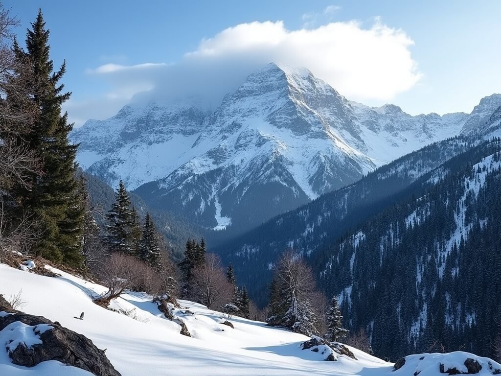 Redding in December: Your Ultimate Cold-Weather Playground Revealed Dramatic winter view of snow-covered Mount Shasta with pine forest in the foreground, crisp light accentuating rocky terrain contrasts