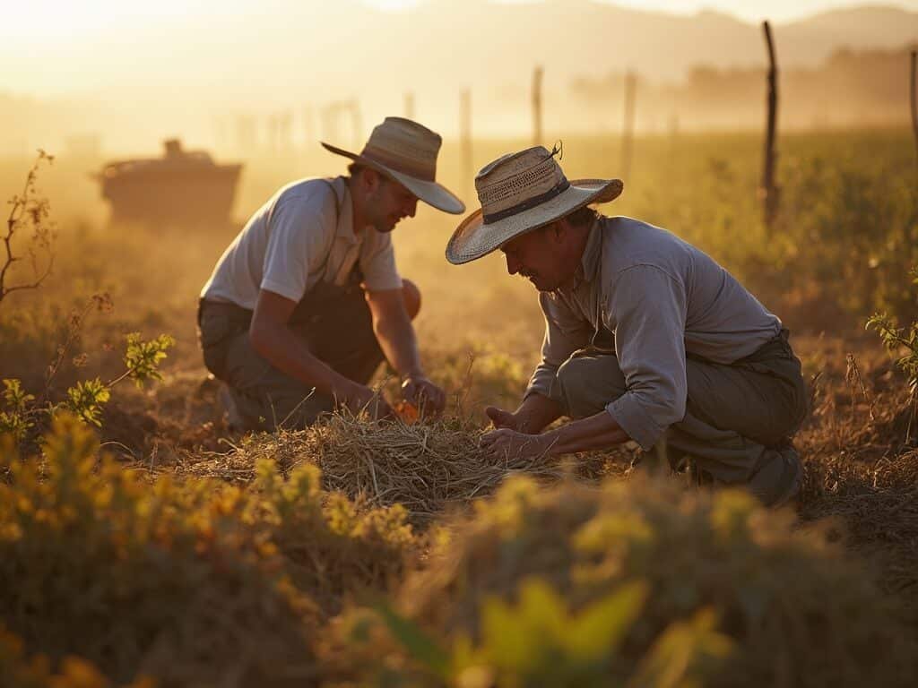 Multi-generational farming family working post-harvest in Central Valley, demonstrating the intimate people-land connection through warm lighting and complex agricultural textures