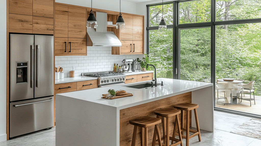 oak cabinets with white countertops
