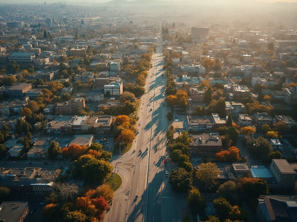 Aerial view of Oakland's urban landscape with fall-colored trees and city streets, bathed in soft sunlight