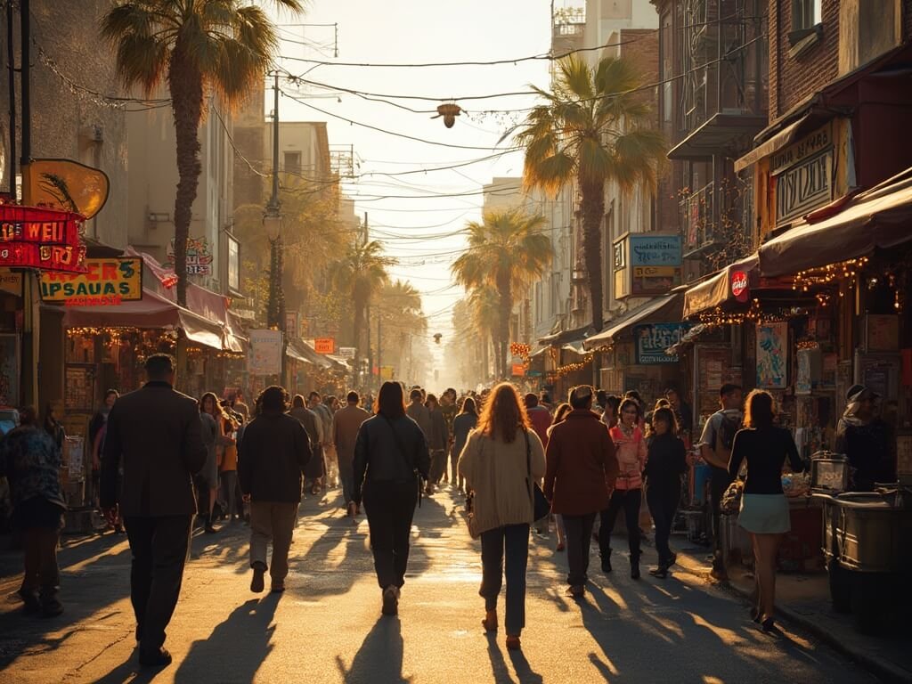 Diverse crowd at First Fridays Art Walk in downtown Oakland, exploring colorful art displays and pop-up galleries under a golden evening light, with street musicians playing in the background