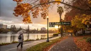 "Person in layered clothing strolling along Lake Merritt in Oakland, California during a golden hour autumn sunset with fall foliage, 55°F street sign, and urban skyline in view"
