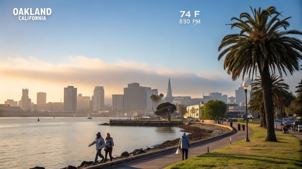 Oakland's June Weather: Your Ultimate Insider's Guide to Perfect Summer Vibes "Panoramic view of sun-drenched Oakland cityscape with San Francisco Bay in the foreground, people enjoying a 74°F summer evening walk and buildings sharply contrasted against clear blue sky"