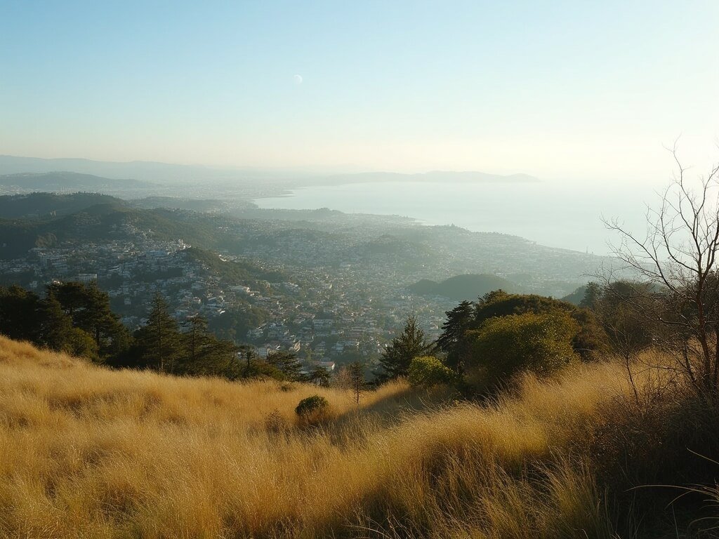 Scenic vista of Oakland's coastline and bay area with clear visibility, soft warm sunlight, and gentle breeze rustling the grass on a natural rolling terrain