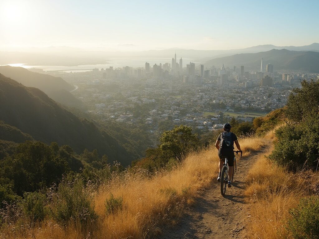 Cyclists exploring Oakland's varied terrain through mountain trails and urban paths under perfect September lighting