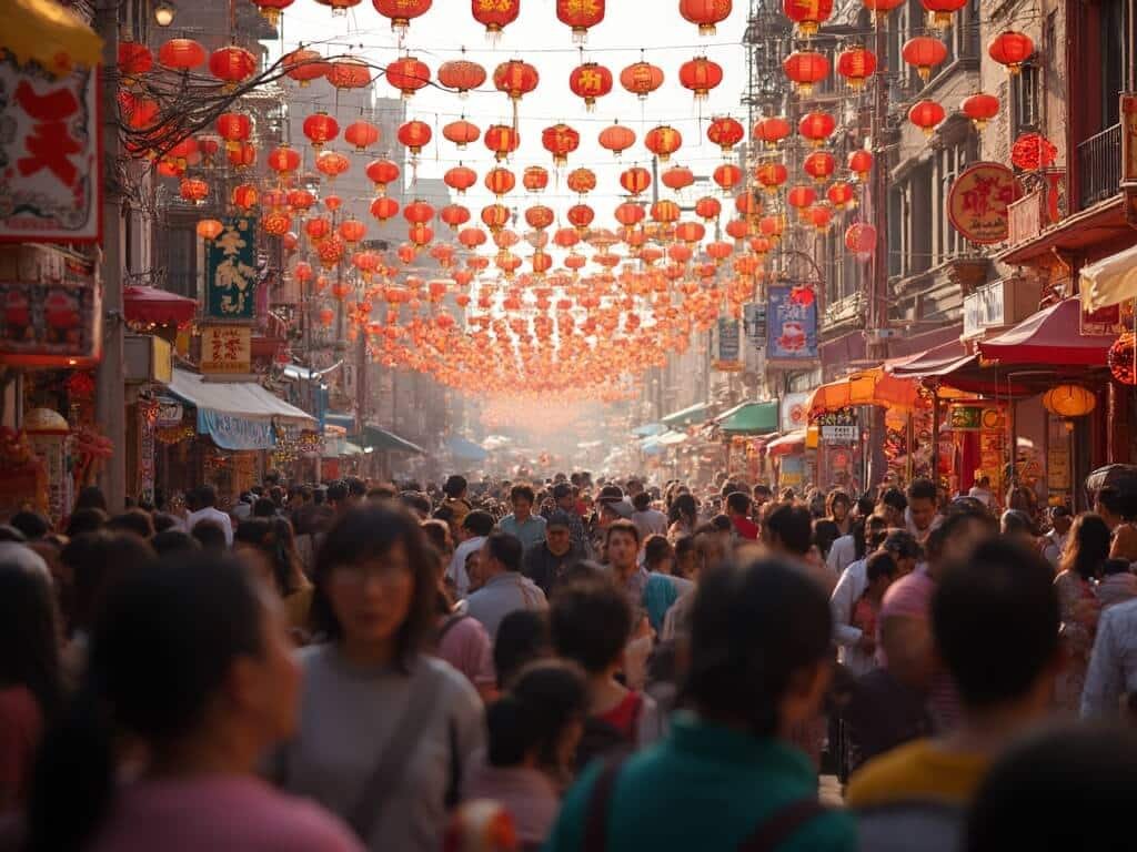 Lunar New Year celebration in Oakland's Chinatown featuring crowded streets, red lanterns, street vendors, and traditional costumes captured with a wide-angle lens
