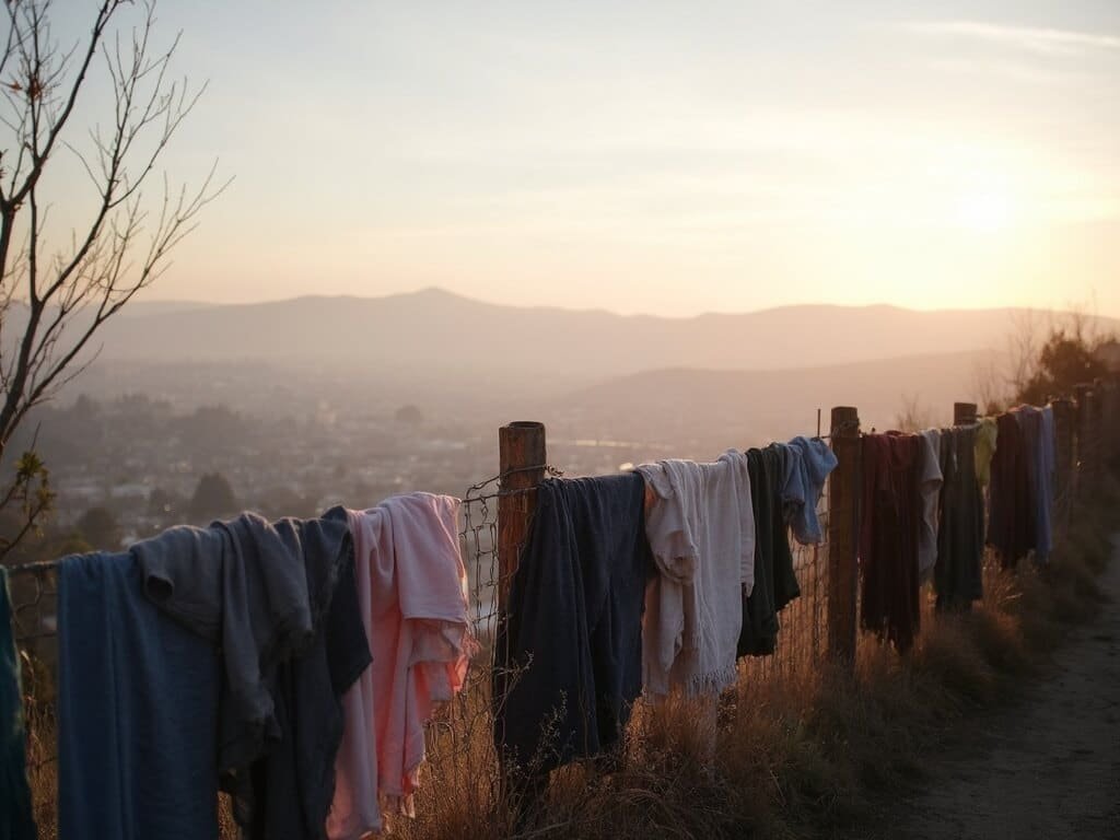 Early morning panoramic view of Oakland cityscape with rolling hills in the background, clothes hanging on a fence, under soft misty conditions in pastel dawn colors