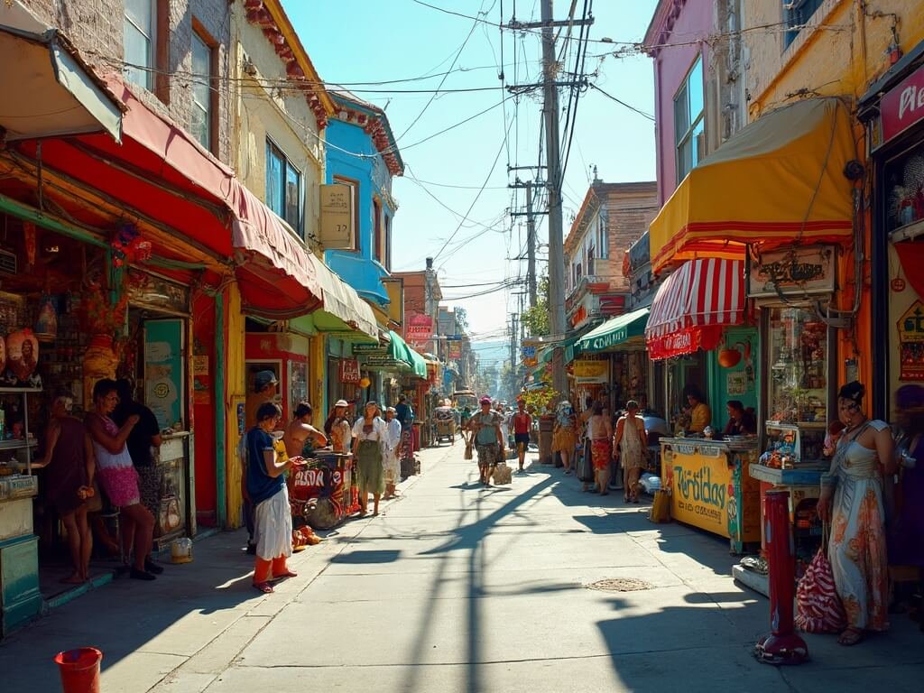 Authentic Mexican street food vendors, colorful storefronts, and diverse crowd in Oakland's Fruitvale neighborhood under warm afternoon sunlight
