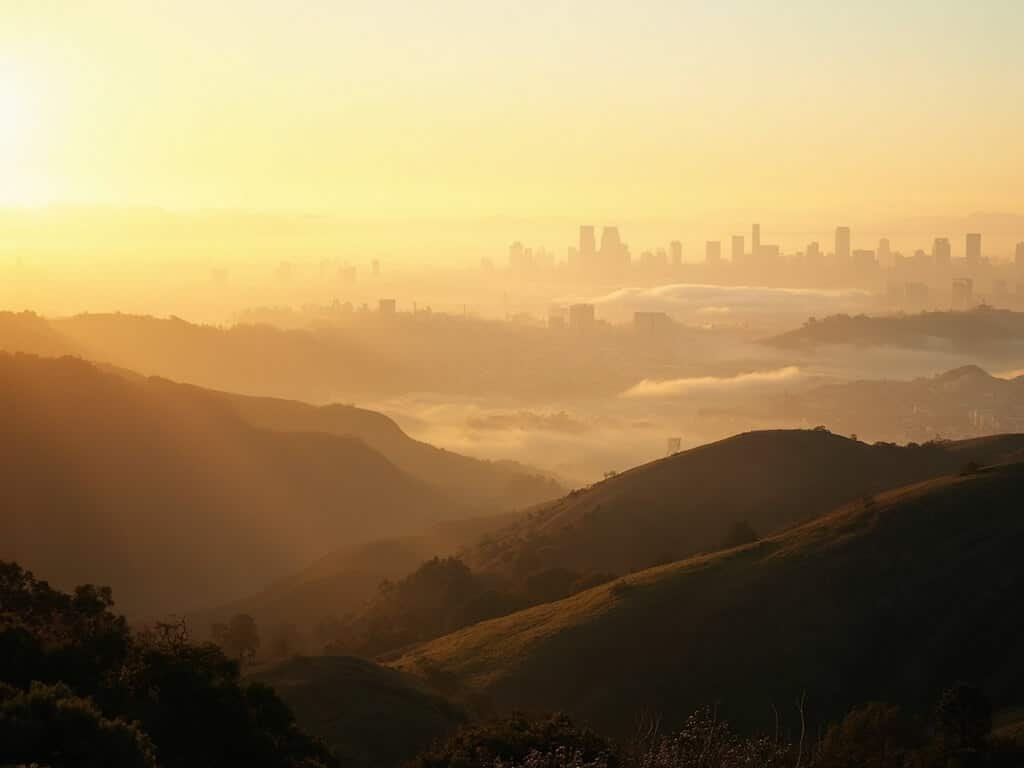 Golden sunrise over Oakland's rolling hills with city skyline and morning fog