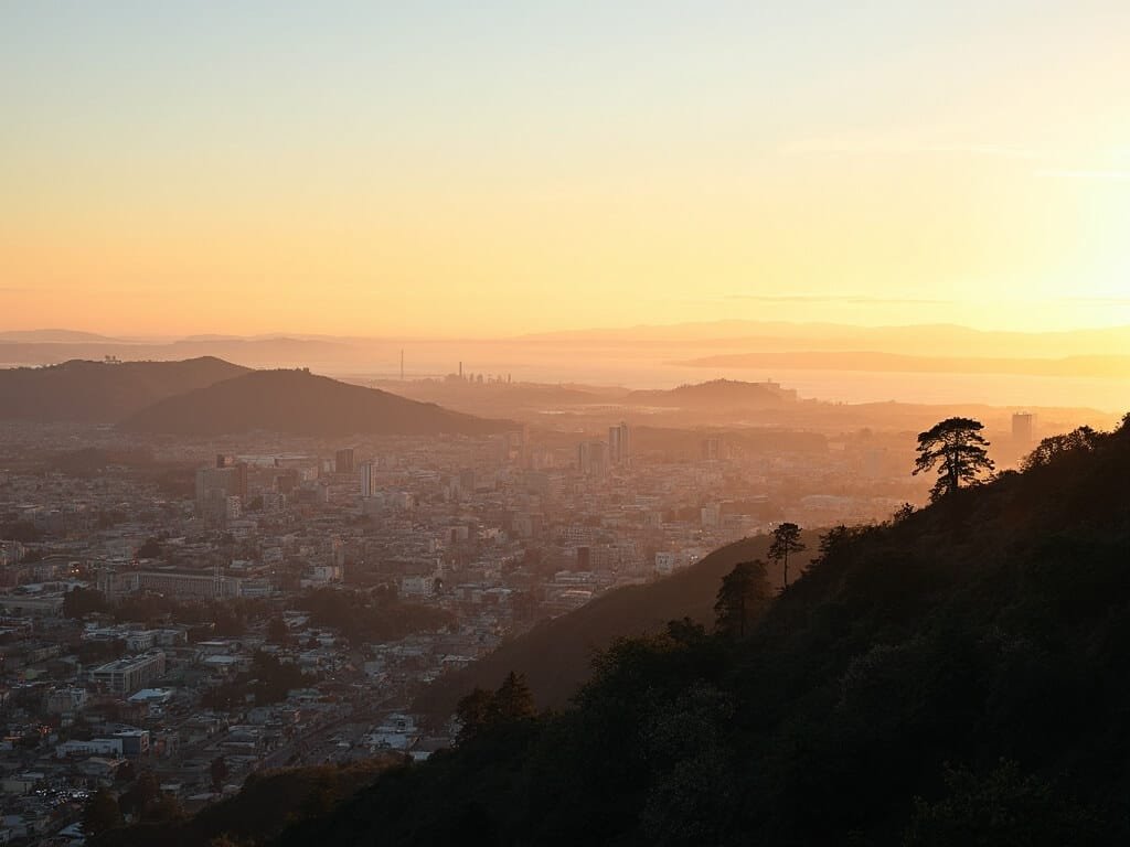 Oakland cityscape during golden hour, featuring hills, modern buildings, bay waters and clear skies at 76°F summer temperature