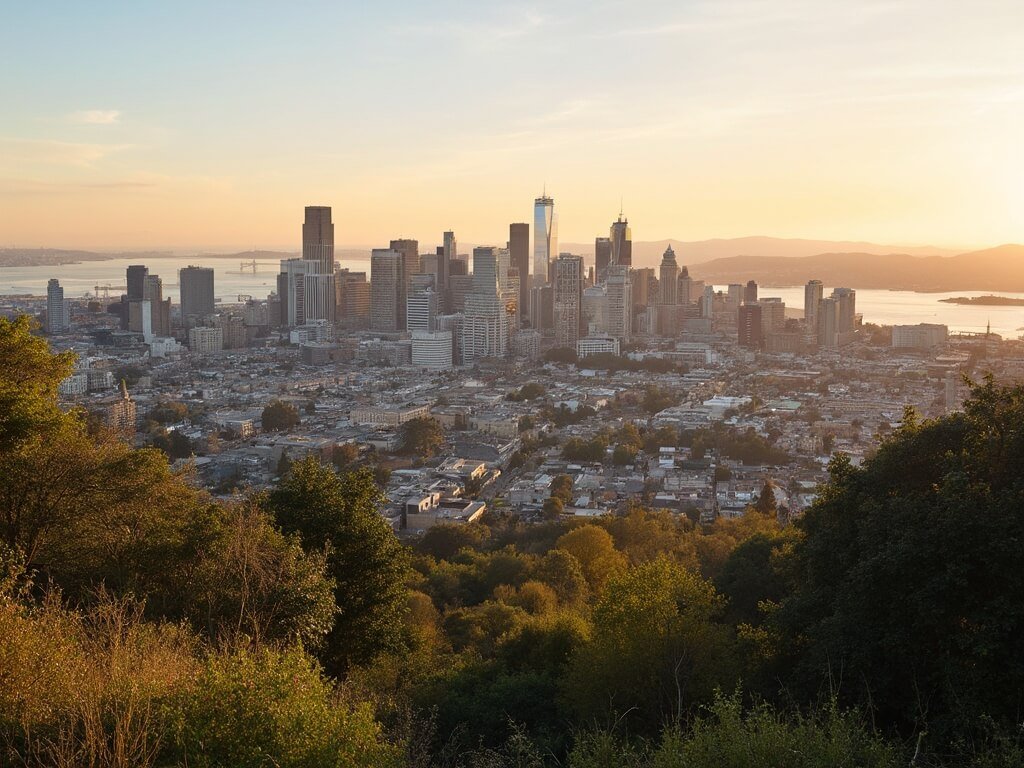 Panoramic view of Oakland cityscape during golden hour with Lake Merritt and lush greenery in the foreground and diverse architecture illuminated in the background
