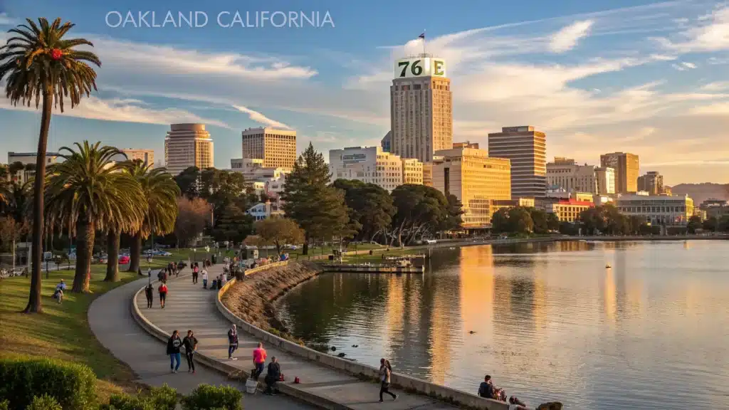 "Panoramic shot of Oakland, California skyline illuminated by golden hour sunlight, with Lake Merritt in foreground, people walking along waterfront, and Bay Bridge in distance, with temperature display showing 76°F."