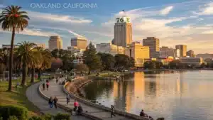 "Panoramic shot of Oakland, California skyline illuminated by golden hour sunlight, with Lake Merritt in foreground, people walking along waterfront, and Bay Bridge in distance, with temperature display showing 76°F."