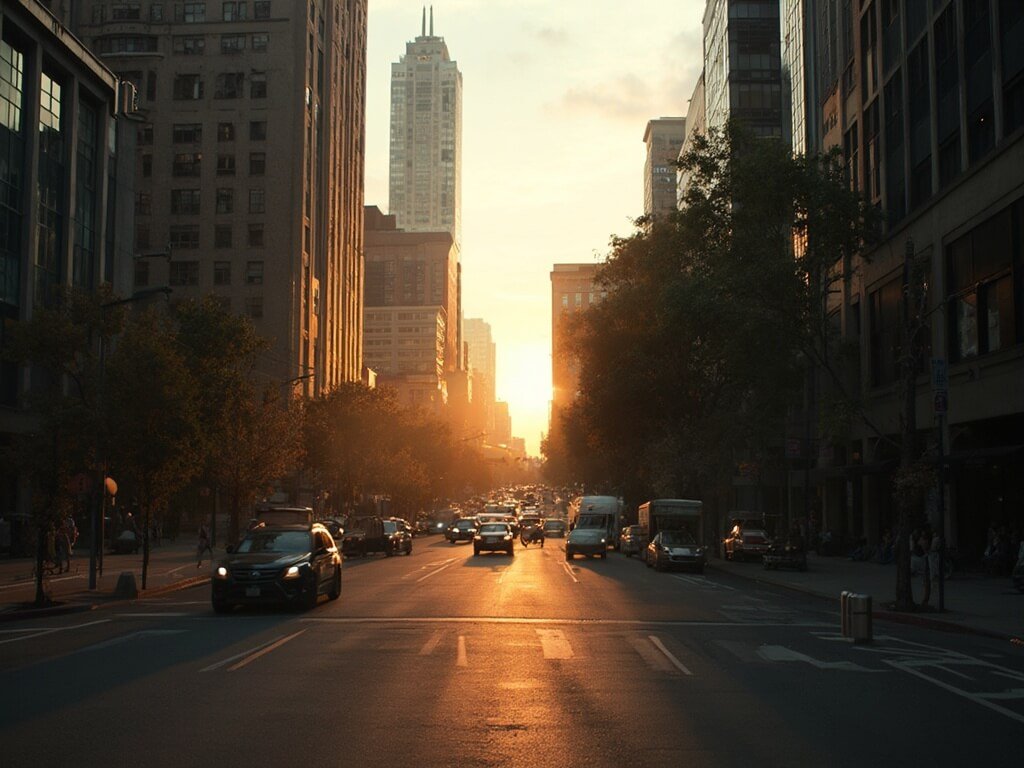 Downtown Oakland's architectural landscape during golden hour with sharp shadows across modern buildings and streets, highlighted by warm amber and cool gray colors