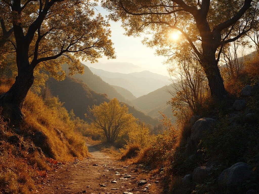Sunlit hiking trail in Oakland with autumn leaves, a distant mountain silhouette, and golden hour lighting
