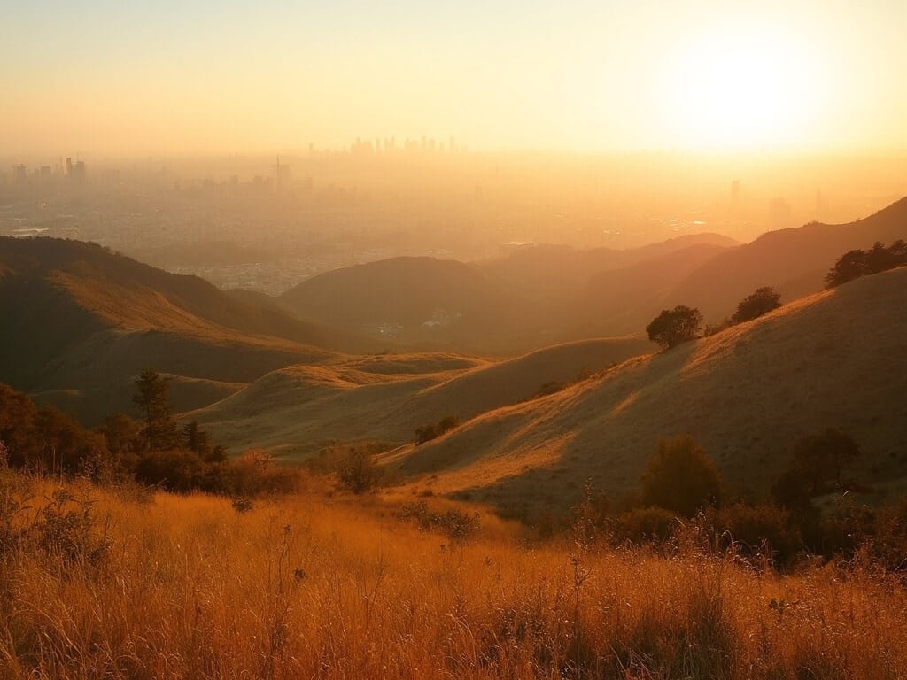 Panoramic view of Oakland Hills in autumn with soft rolling terrain, distant city skyline, and warm golden afternoon light