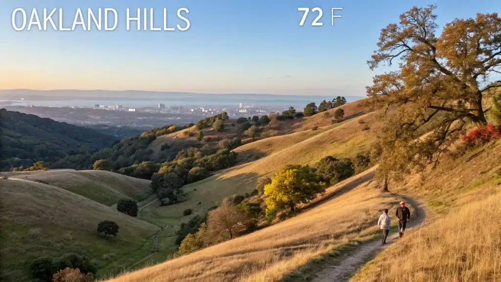 "Panoramic view of Oakland Hills during October's golden hour featuring hikers, autumn-touched California oaks, the distant San Francisco Bay, clear city skyline, and warm autumn tones, at 72°F"