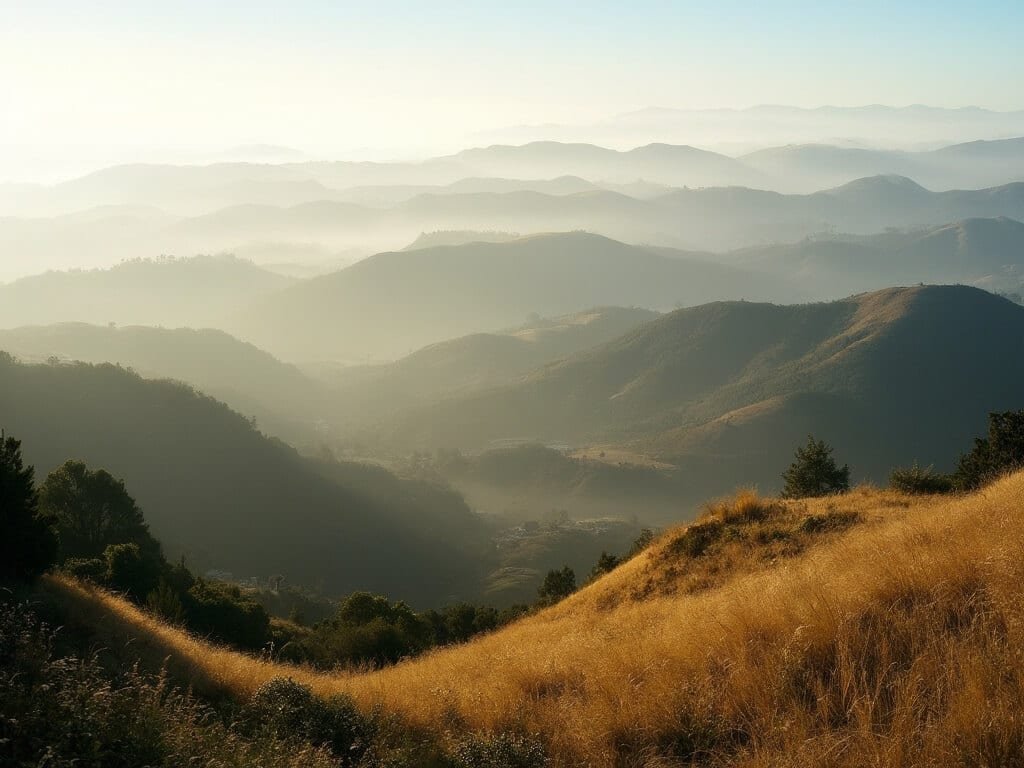 Panoramic view of Oakland Hills microclimate in the morning with layers of hills fading into mist, and a transition from golden grasslands to green forests, displaying temperature gradient and atmospheric depth