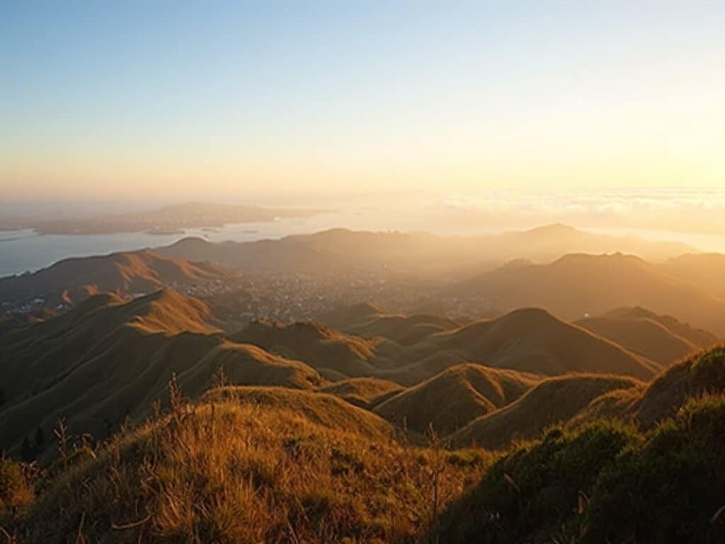 Panoramic sunrise over Oakland Hills with golden light over rolling hills, San Francisco Bay in the distance, clear sky with morning fog, high-resolution landscape photography