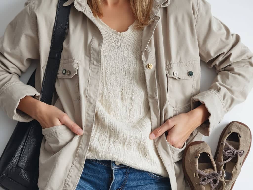 Layered outfit for Oakland's June weather including a breathable shirt, soft sweater, casual light jacket and comfortable walking shoes