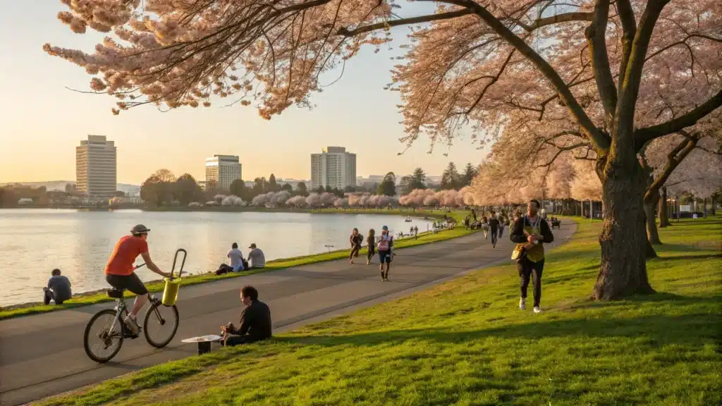 Why Oakland in April? Weather, Culture, and Hidden Urban Gems Revealed! "Street musician playing saxophone amidst blooming cherry blossoms at Lake Merritt, Oakland with active joggers, cyclists, and families enjoying a bright, warm afternoon. The Oakland cityscape graces the background highlighting the vibrant blend of urban life and natural beauty."