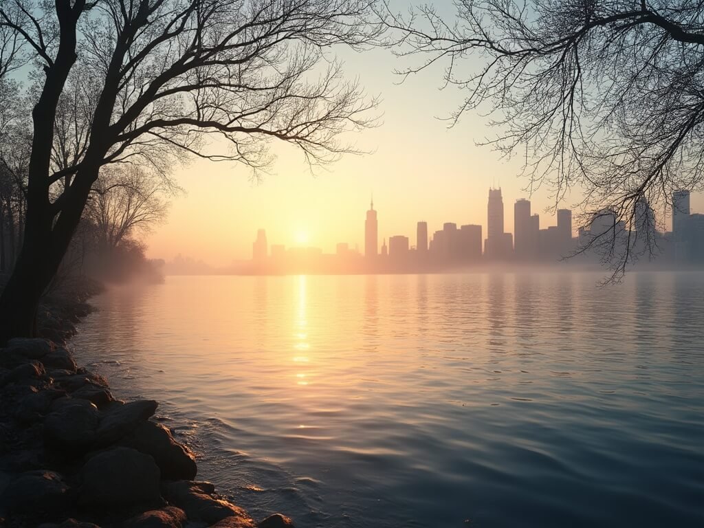 Early morning sunrise over Lake Merritt with golden light reflecting on calm water, Oakland city skyline in the background, and winter bare trees framing the scenery, minimal fog softening the edges