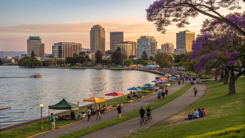 Why Oakland in May is Your Ultimate West Coast Escape: A Local's Deep Dive "Panoramic view of Lake Merritt waterfront in Oakland during golden hour with people engaging in various outdoor activities, downtown skyline in the background, colorful food vendors, families picnicking on green lawns, sailboats on the lake, blooming jacaranda trees, and the iconic Camron-Stanford House on the shoreline."