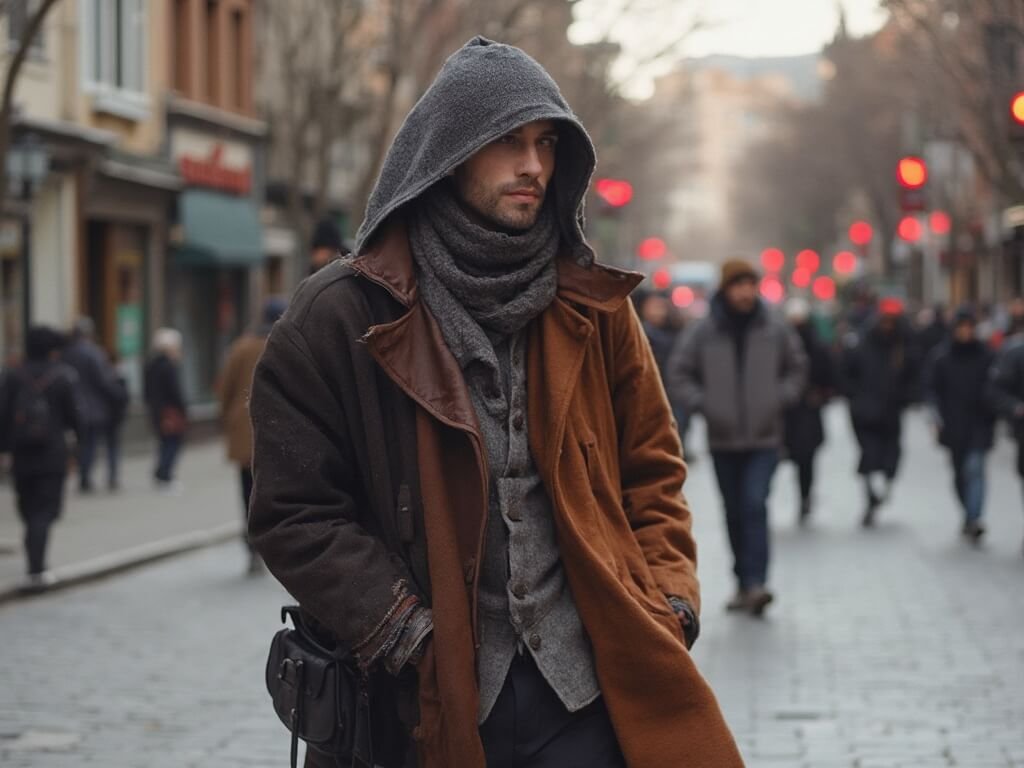 Artfully arranged layered clothing composition demonstrating temperature transition strategies, bathed in soft October light at Jack London Square in Oakland
