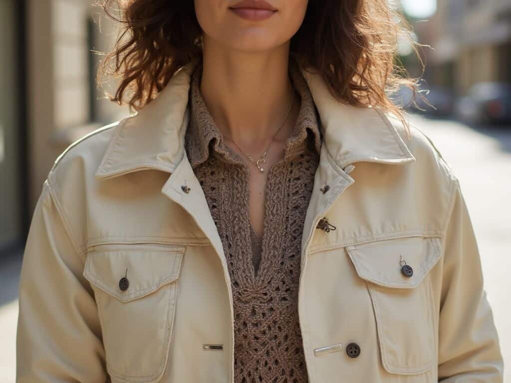 Close-up image showcasing layered Oakland September fashion, featuring a light jacket, thin sweater, and casual shirt in neutral earth tones under soft natural lighting