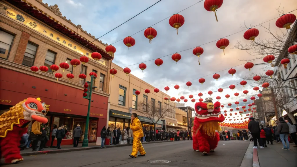 Oakland in February: Your Ultimate Insider's Guide to Mild Winter Magic "Lunar New Year celebration in Oakland's Chinatown featuring a lion dance, red lanterns, historic storefronts, and crowds in light winter wear, under partly cloudy skies with soft afternoon sun"