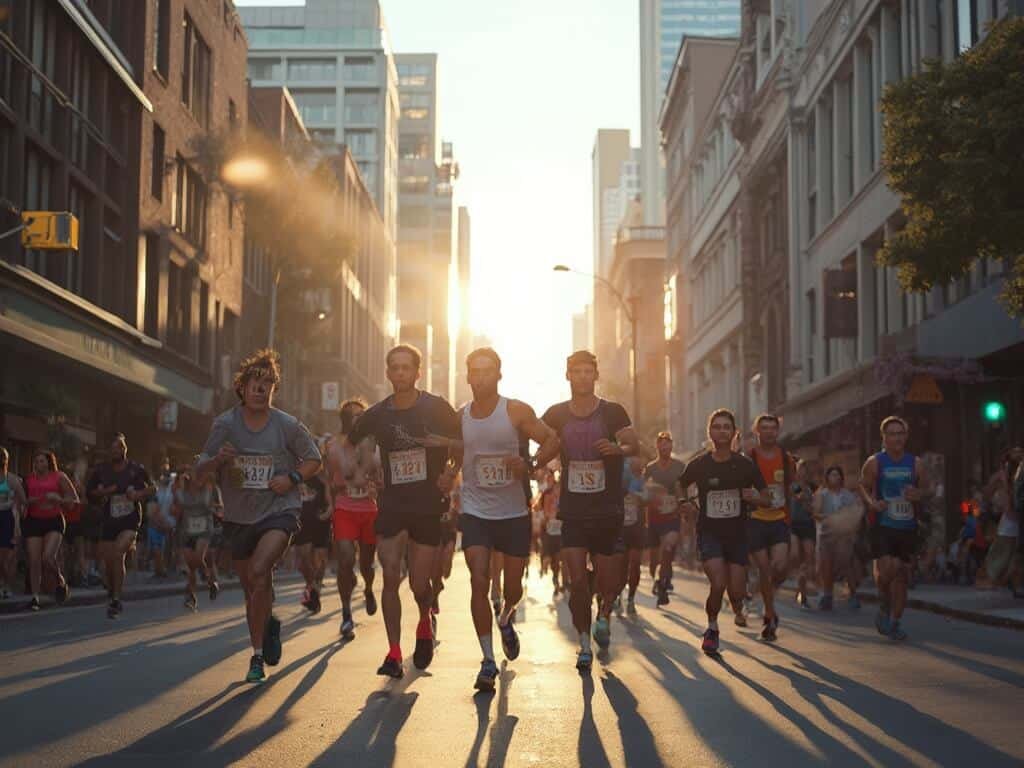 Runners participating in the Oakland Marathon in a vibrant morning light, highlighting the city's diverse architecture and community spirit