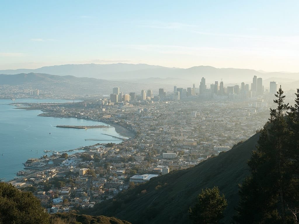 Panoramic image displaying the diverse microclimates of Oakland, showcasing temperature differences across the waterfront, downtown, and hillsides, accentuated by a soft natural light
