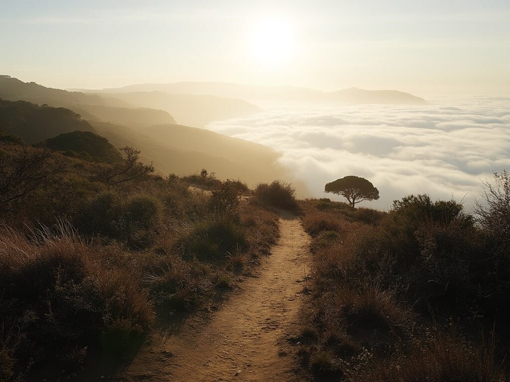 Misty morning hiking trail near Oakland, featuring wind-swept coastal vegetation, rolling hills, and soft fog at 54°F