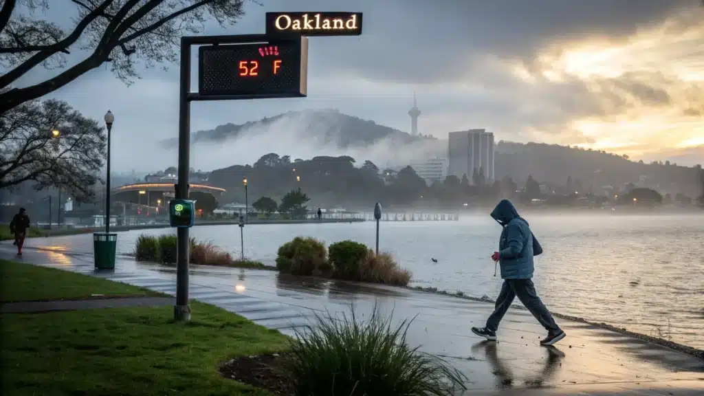 "Misty morning at Lake Merritt, Oakland with a solitary walker, urban skyline, winter greenery, fog-covered hills, visible rain droplets and a steaming coffee cup foreground in a cinematic teal and grey tone"