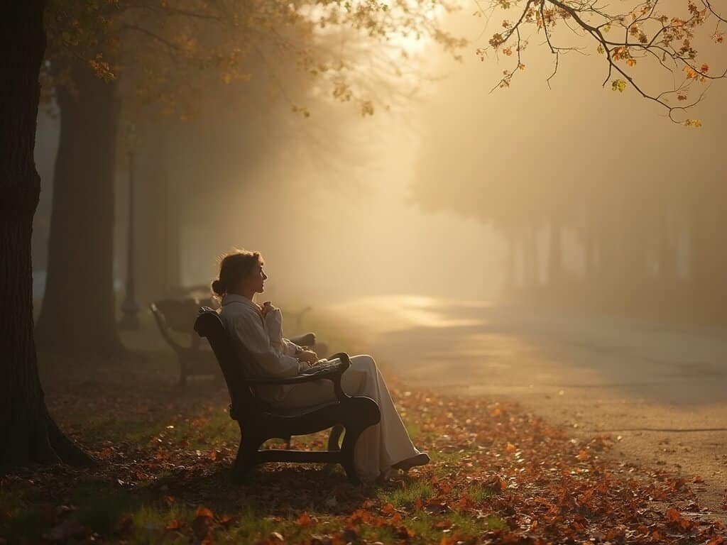 Misty morning in Oakland with golden sunlight shining through clothes on a park bench, autumn leaves scattered around, in a crisp temperature setting with no people visible