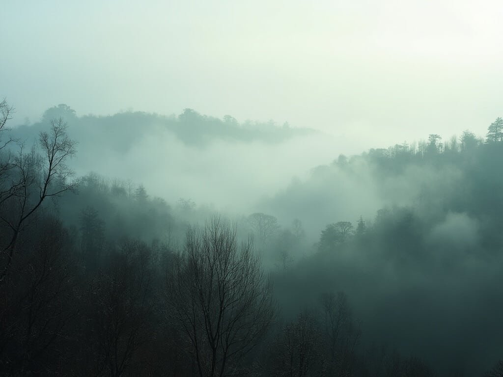 Misty winter landscape of Oakland's hills with bare trees and soft lighting