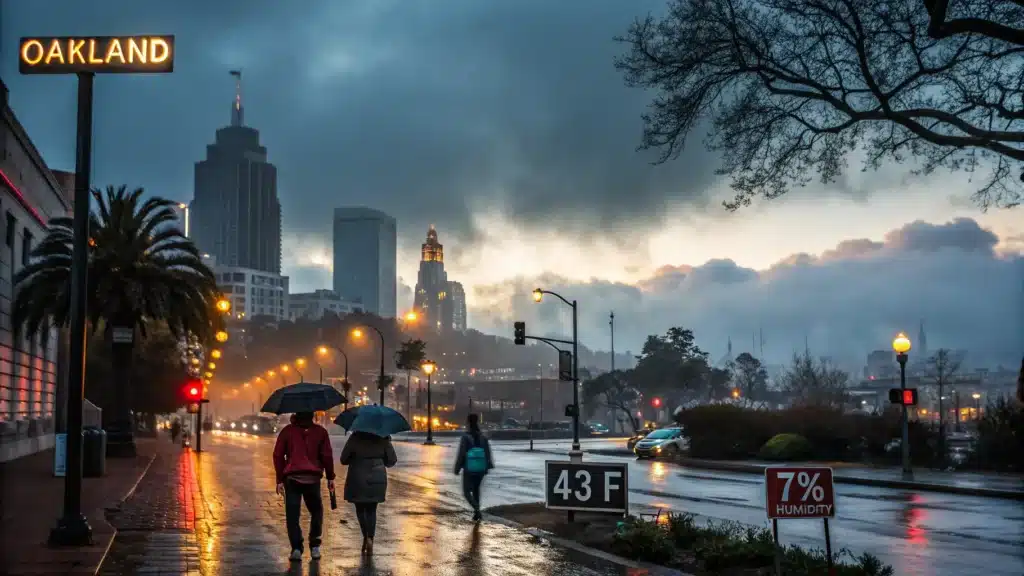 "Misty December morning in Oakland's downtown skyline with rain clouds, wet streets reflecting streetlights, people in jackets with umbrellas, 43°F temperature display, golden-blue twilight glow, fog-covered architecture, water droplets on camera lens, and wind-rustled tree branches."
