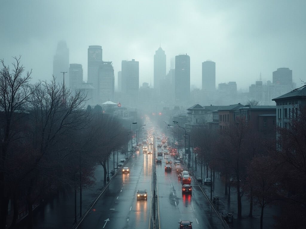 Misty December morning in Oakland's urban skyline with soft gray light, low-hanging clouds and rain-slicked streets