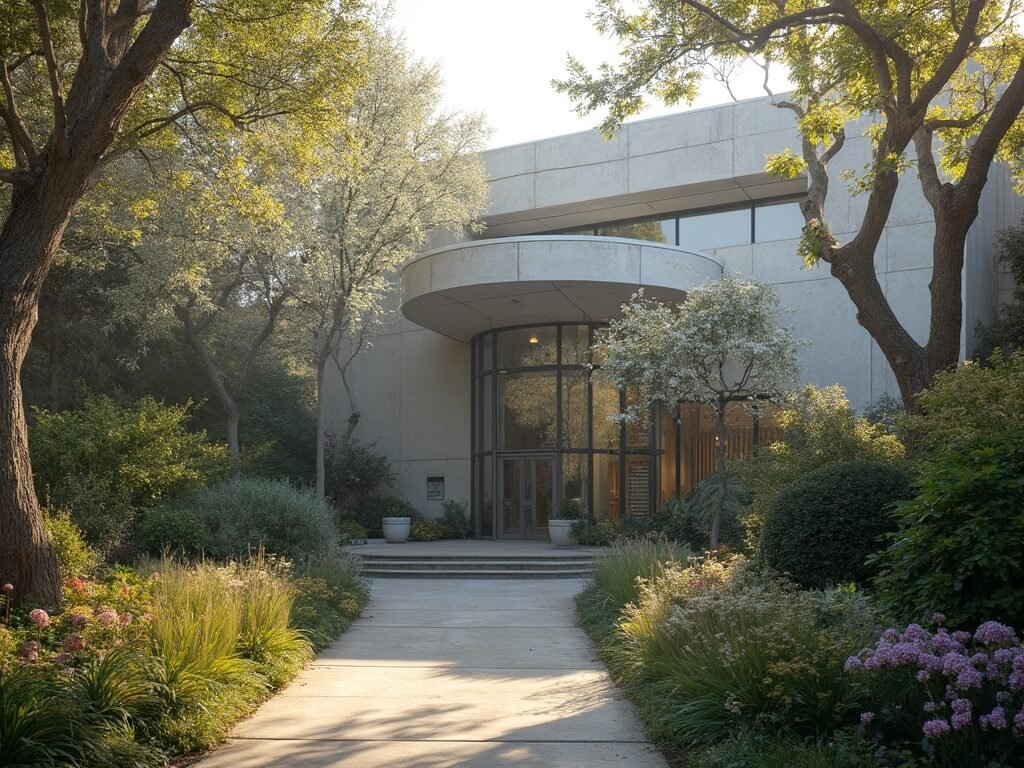 Oakland Museum of California's modern architecture surrounded by lush spring gardens under soft diffused light, encapsulating the city's artistic and cultural essence