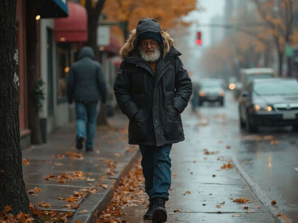 Person bundled in layers walking along a rainy Oakland street, with autumn leaves and glistening rain droplets, emphasizing the city's winter mood