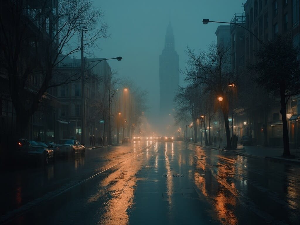 Rainy night scene in Oakland with city lights reflecting on wet asphalt and misty silhouettes of buildings in the background