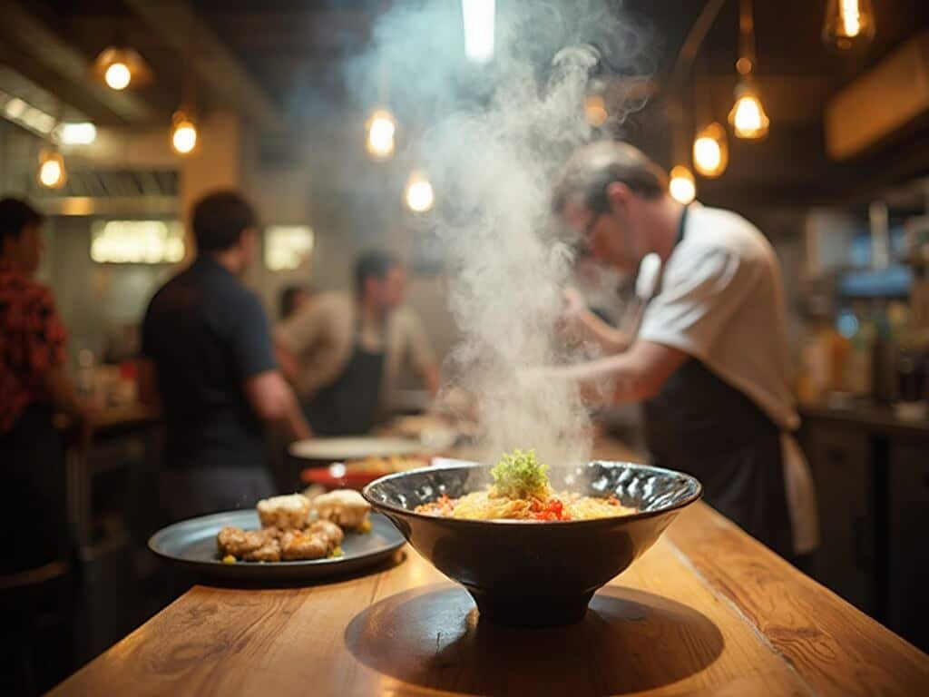 Chefs preparing fusion dishes in a contemporary Temescal neighborhood restaurant, with artfully presented ramen and diverse clientele under soft ambient lighting, showcasing Oakland's innovative food culture.