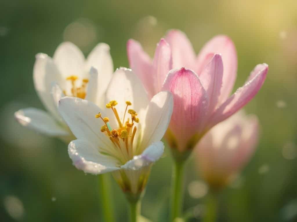 Early spring wildflowers blooming in Oakland park, showcasing detailed pastel-colored petals with morning dew, under soft diffused light