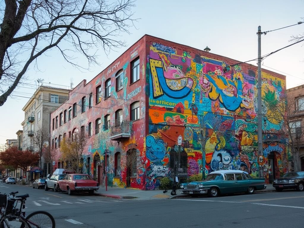 Colorful street art mural covering a building in Oakland on a winter afternoon, vintage cars and bicycles parked in front, depicting urban energy and creativity