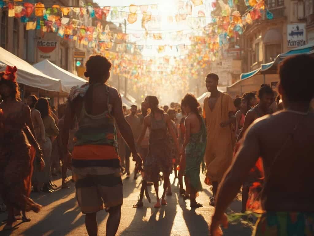 Diverse community members dancing at a vibrant Oakland street fair, adorned with colorful flags and bathed in golden light, symbolizing multicultural celebration