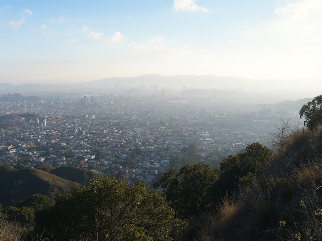 Oakland's urban landscape with distant hills under clear skies and soft summer lighting