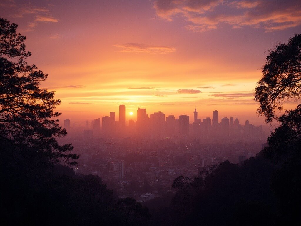 Oakland skyline at sunset with amber and purple sky, silhouette of buildings and slightly moving tree branches in the foreground indicating a gentle wind, during golden hour